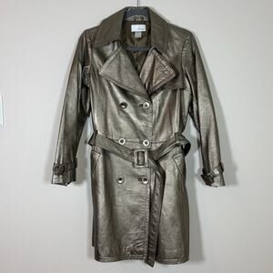 VTG Spiegel Metallic Bronze Leather Trench Coat Y2K Liquid Gold Long Jacket M